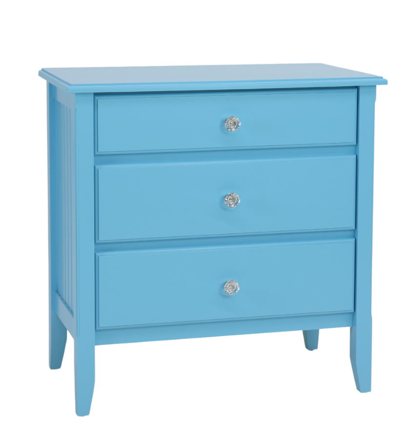 3-Drawer Bedside Chest with Beadboard Panels and Crystal Knobs in Surf&