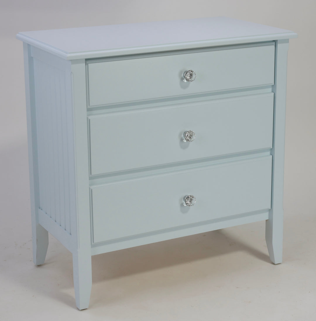 3-Drawer Bedside Chest with Beadboard Panels and Crystal Knobs in Sweet Bluette (custom color)